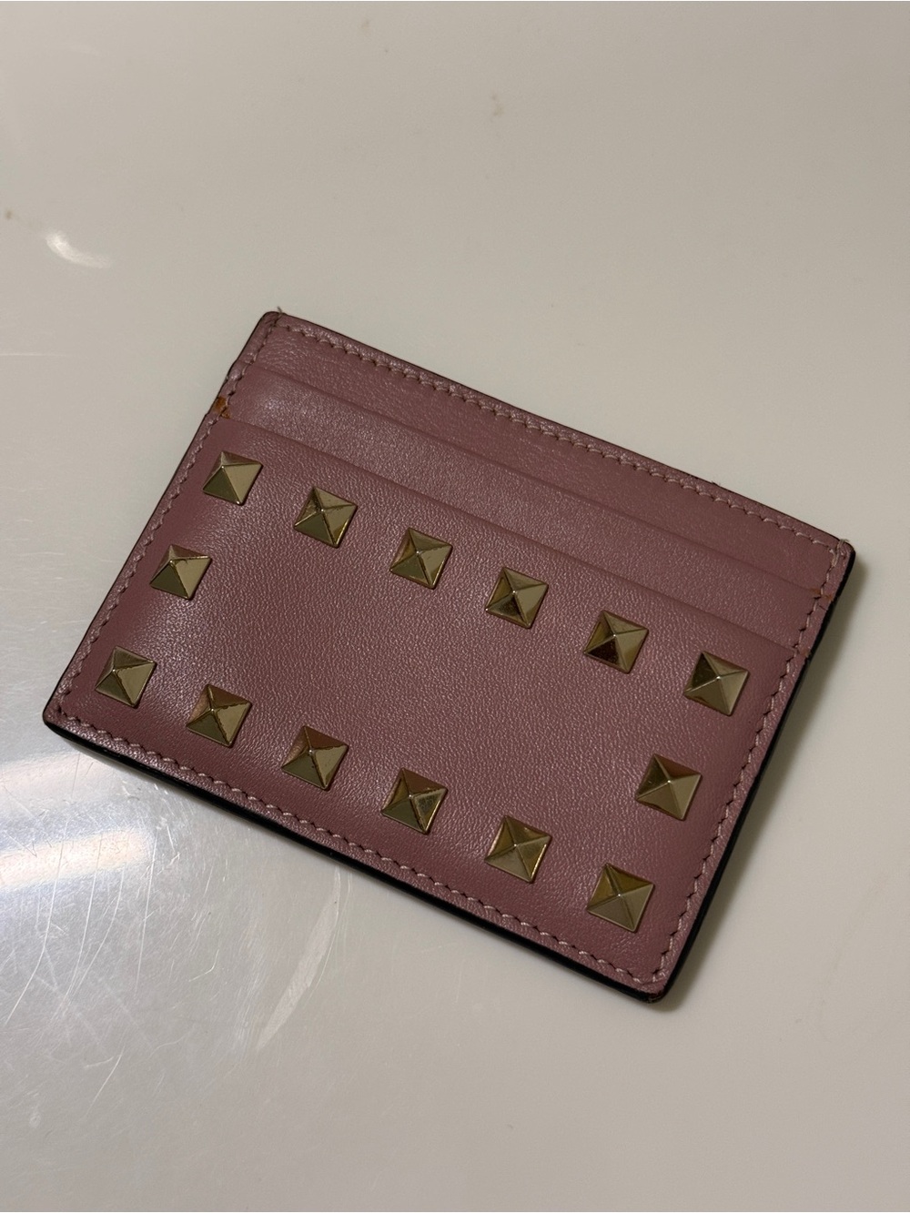 Valentino Garavani Mauve Leather Card Holder with Pyramid Studs